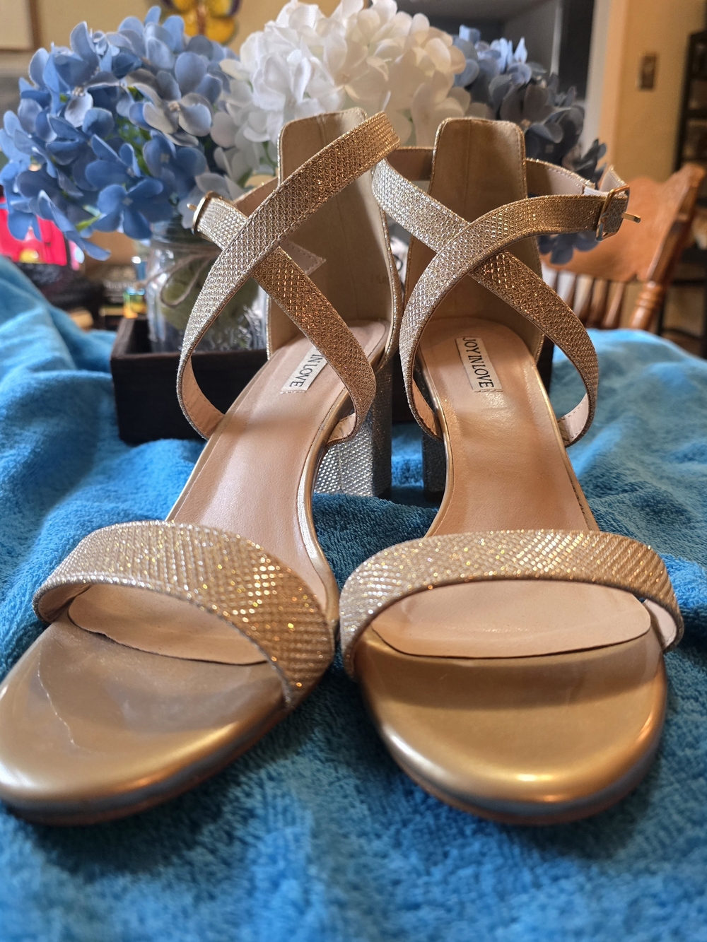 Joy In Love Glitter Criss Cross Ankle Strap Block Heel Sandals Gold